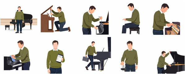 Professional piano technician and tuner character set performing various maintenance and repair services illustration © Mariposa1818