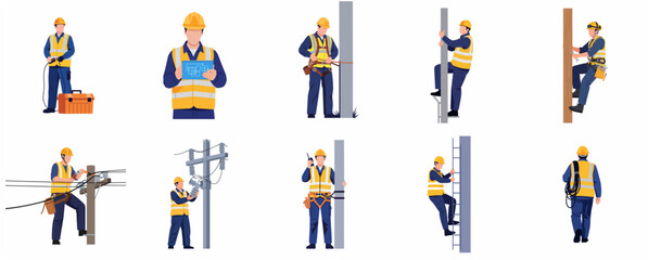 Fototapeta premium Set of professional electrician and lineman characters working on utility poles and electrical maintenance, flat vector illustration isolated on white background.