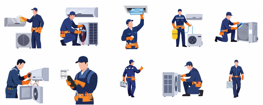 HVAC Technician Maintenance and Repair Service Set with Workers Cleaning, Fixing, and Installing Air Conditioning Units. Flat Vector Illustrations Isolated on White.