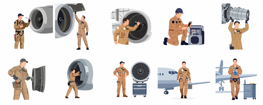 Set of professional aircraft mechanics performing maintenance and repair on jet engines illustration