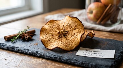 A decadent gourmet caramel apple slice on a slate board with cinnamon sticks and herbs on a wooden kitchen counter near a window with apples. © Adi