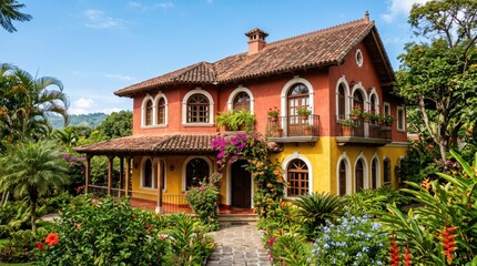 Fototapeta premium Colorful Mediterranean Style House with Garden and Balcony