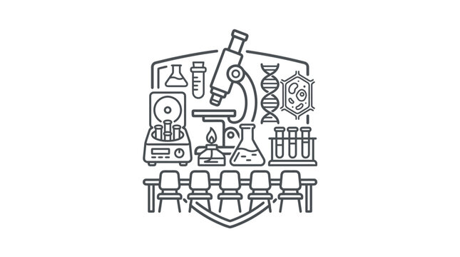 Industrial Style Line Art of Science Lab Equipment and Classroom Setup in Monochrome with high quality professional line art symbols for modern creative design and digital branding projects