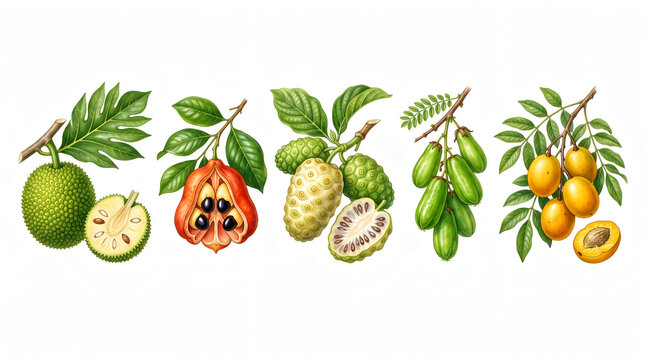 Breadnut Ackee Noni Bilimbi Hog Plum Tropical Fruit Collection Isolated On White Background