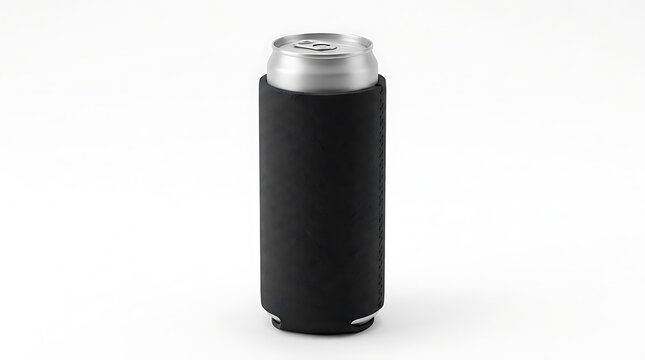 Aluminum beer can inside a black leather stubby holder sleeve. koozie mockup psd