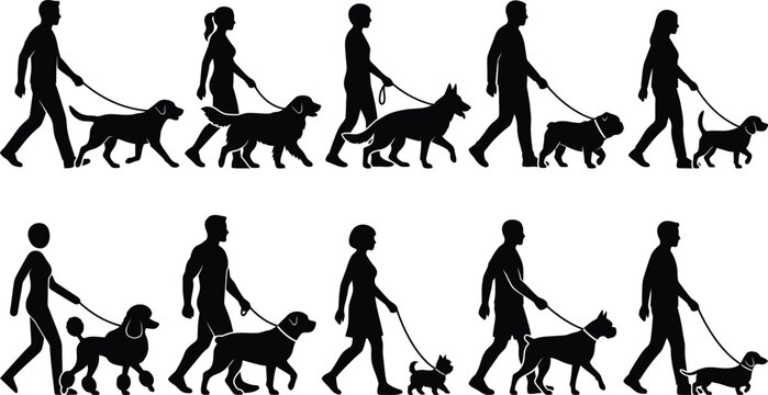 People walking dogs on leashes in park, silhouette style.