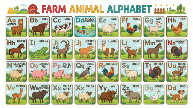 A colorful educational chart displaying the farm animal alphabet with illustrations for each letter, perfect for children's learning.