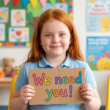 Young red haired girl in blue polo shirt holding handmade cardboard sign in colorful classroom