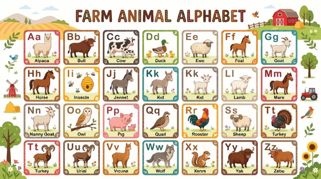 Educational chart featuring the farm animal alphabet from A to Z, with illustrations of various animals on a rural farm background.