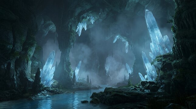 Large blue crystals glowing inside dark misty cave.