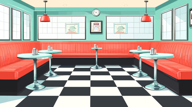 Bright, retro-style diner with red seating, checkered floor, and artwork