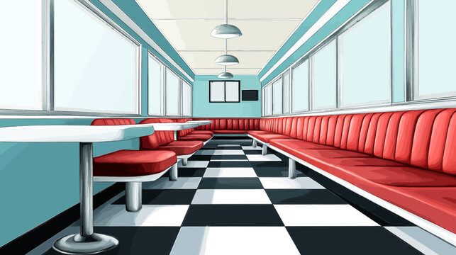 Empty retro diner interior with red booths and checkered floor