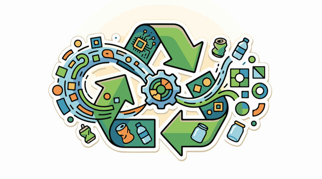 Circular economy concept with recycling arrows tech chip gears and waste