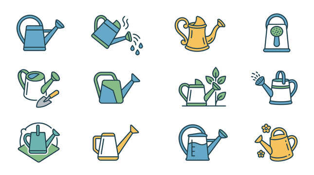 A set of colorful watering cans and gardening tools icons in various poses
