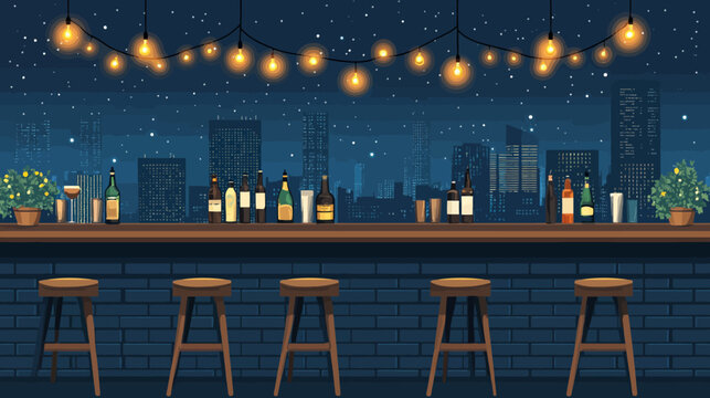 Night city rooftop bar with string lights, bottles, plants, skyline