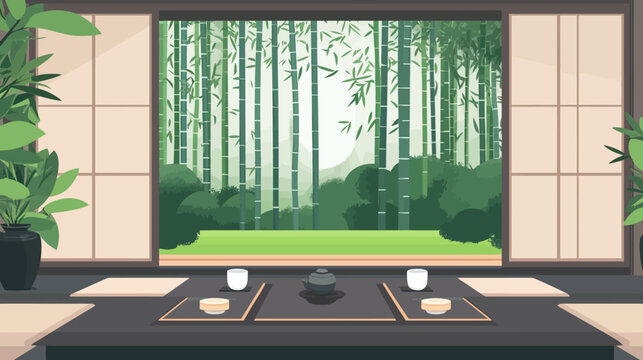 Traditional Japanese room with shoji doors opening to bamboo forest