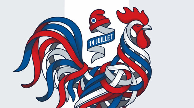 Flat Vector Illustration of a Rooster Made of Interwoven Red, White, and Blue Ribbons, with a "14 Juillet" Banner and a Red Cap, Celebrating French National Day