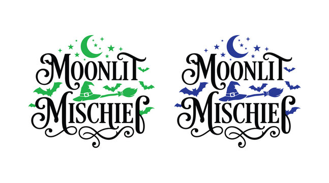 Halloween typography moonlit mischief with witch hat and crescent moon graphic design