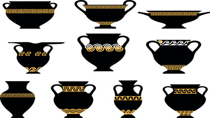 Ancient Greek Black Figure Pottery and Amphora Vector Icon Set with Ornate Meander Patterns, Antique Ceramic Vases, Bowls, and Historical Artifact Symbols © MstLutfa