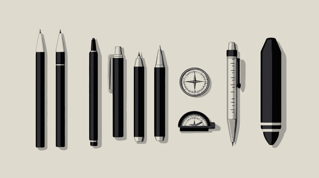 Drawings of black pens, a compass, and measuring tools on light background