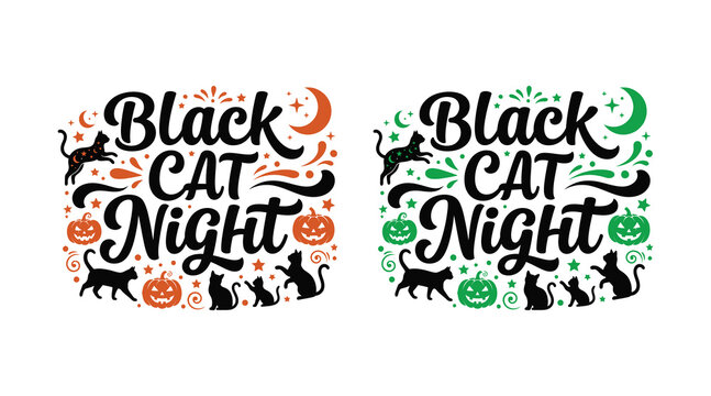 Halloween black cat night typography designs spooky vector graphics for autumn celebrations