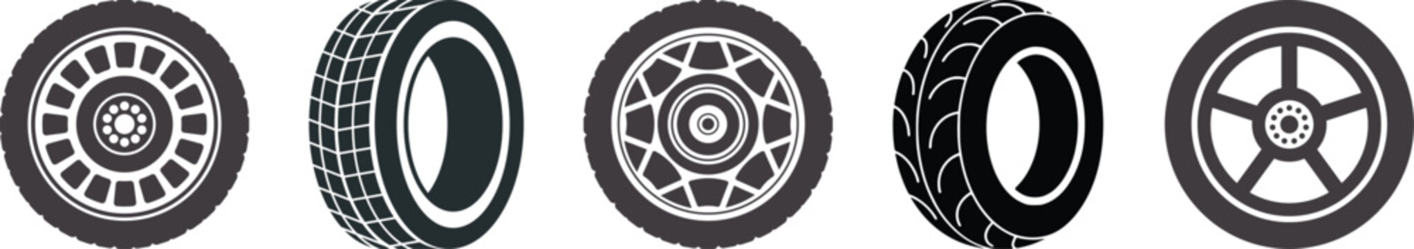 Wheel tires icon in flat line set. Black rubber wheel tire disks auto service vector for apps or website vehicle or automobile tire alloy wheel with rim isolated on transparent background
