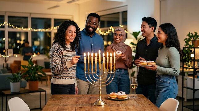 Diverse group of friends celebrating hanukkah by lighting a menorah