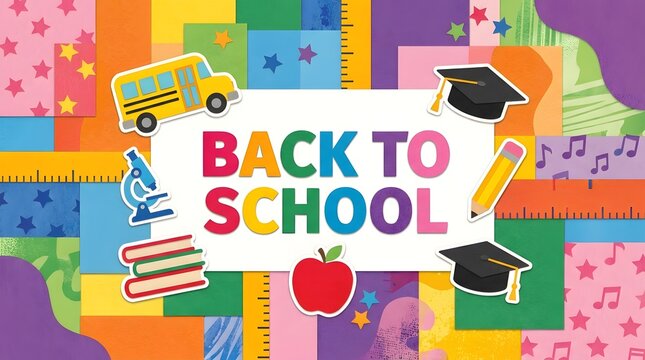 Vibrant back to school illustration with colorful educational icons and text on a patchwork background