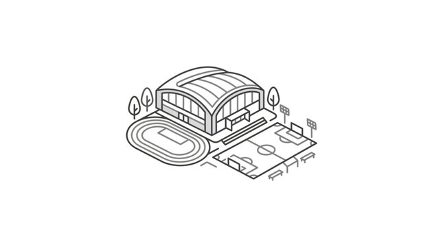 Professional Isometric Line Drawing of a Sports Arena with Running Track Seating and Floodlights