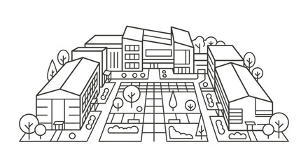 Naklejka premium Sleek Black and White Line Drawing of Modern Urban Architecture with Trees and Open Spaces with high quality professional line art symbols for modern creative design and digital branding projects