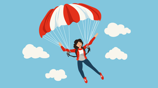 Woman with dark curly hair skydiving with a colorful parachute