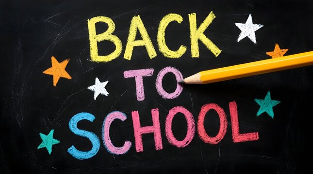 Colorful chalkboard with back to school message and stars and pencil