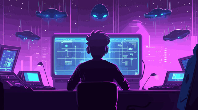 Futuristic space station control room with flying ships overhead