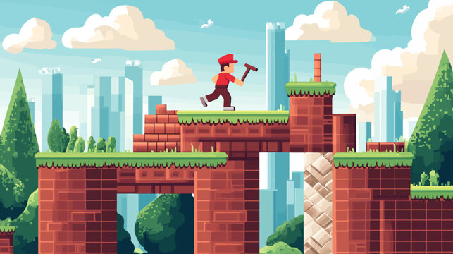Cartoon-style character with a hammer on grass-high platform in cityscape
