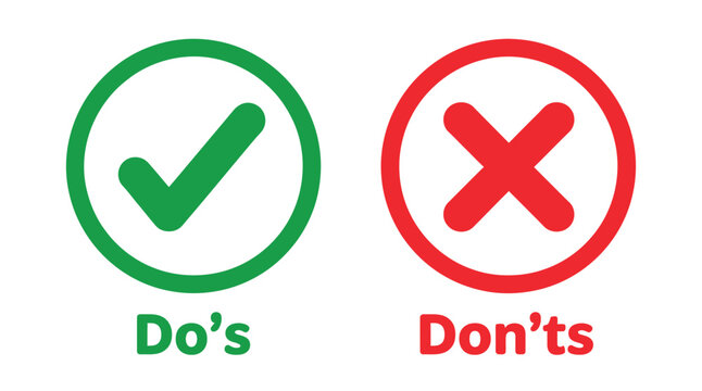 Green checkmark and red X symbols set, do&rsquo;s and don&rsquo;ts labels, approval rejection icons, correct wrong indicators, vector illustration