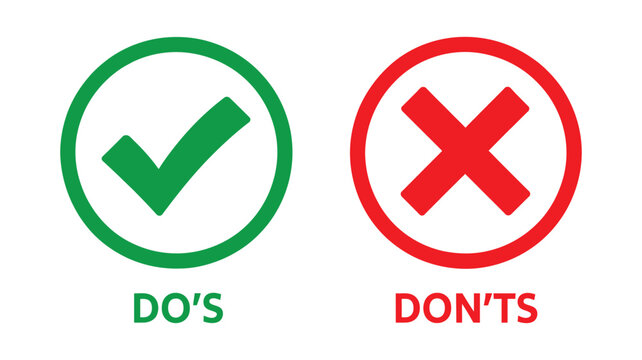 Green checkmark and red X symbols set, do&rsquo;s and don&rsquo;ts labels, approval rejection icons, correct wrong indicators, vector illustration