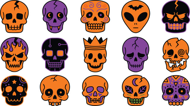 Halloween Skull Icons Set, Colorful Skeleton Head Clipart Collection