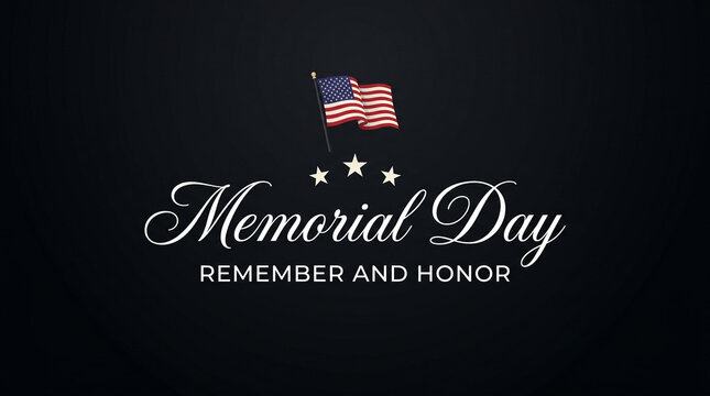 Memorial Day script typography with US flag on black background.