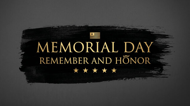 Memorial Day tribute banner with gold text on black brush stroke.