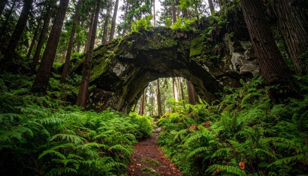 Wooden bridge crossing a lush green forest with trees, moss and river in a peaceful natural woodland landscape during summer