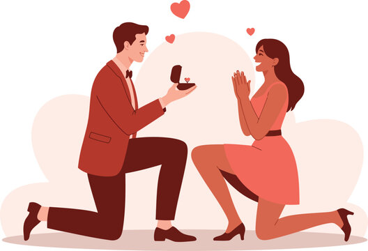 Man proposing marriage to woman with ring box on one knee proposing marriage proposal engagement kneeling relationship boyfriend girlfriend surprised celebration romantic together