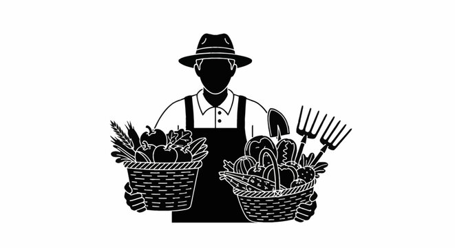 Black and white vector illustration of a male farmer wearing a hat and apron, holding two wicker baskets filled with fresh organic vegetables, isolated on a white background.