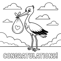 Whimsical Stork With Baby Bundle Heart Clouds and Congratulations Line Art Design Isolated on a Transparent or White Background