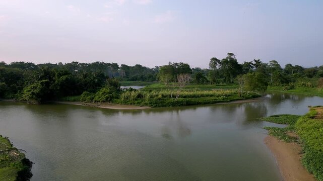 Aerial drone view of Labuh Banting river bend and wetlands