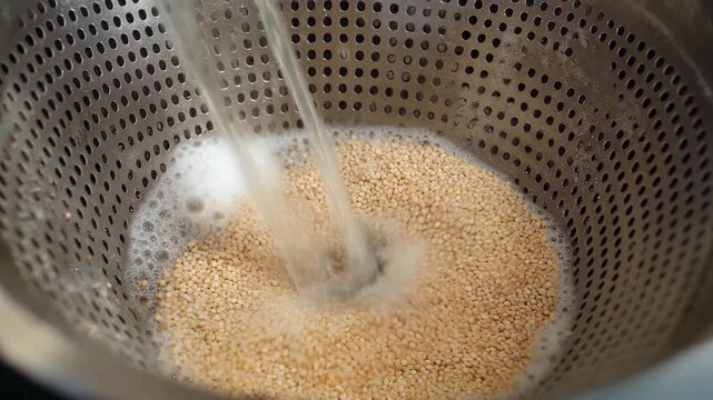 Close-up of rice being rinsed in a metal strainer with small holes, water flowing through, creating bubbles, symbolizing food preparation, cooking, and culinary hygiene
