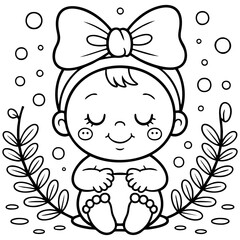 Adorable Smiling Baby With Large Bow Floral Leaves and Minimal Outline Design Isolated on a Transparent or White Background