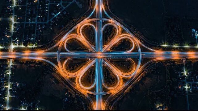 Flower shaped glowing highway interchange at night.