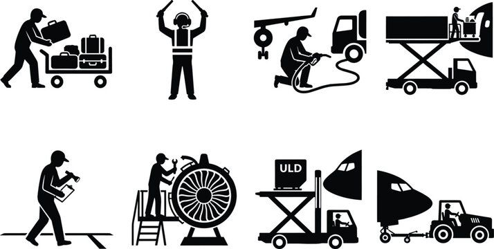 Airport Ground Handling and Aircraft Service Silhouette Bundle Featuring Cargo Loading Marshalling Refueling Maintenance and Inspection