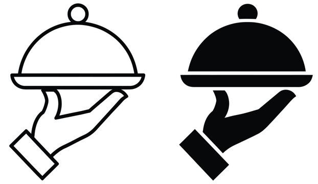 Hand holding cloche serving dish silhouette, food restaurant service symbol, hospitality catering, vector illustration