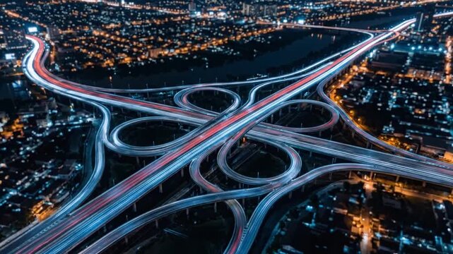 Illuminated urban highway loops at night from above.